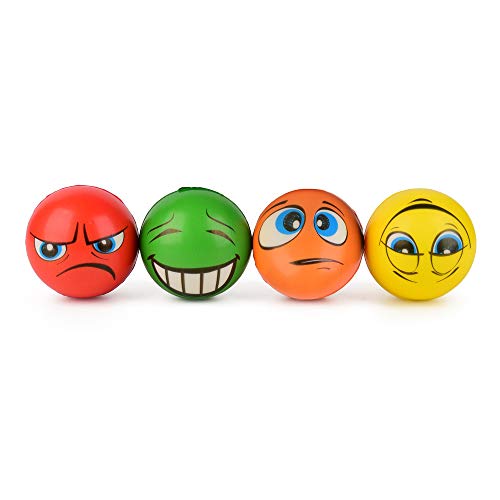 ewtshop® 4er Set Anti-Stress-Bälle, 4 unterschiedlichen Motiven, 6 cm Durchmesser, Knautschball, Knetball