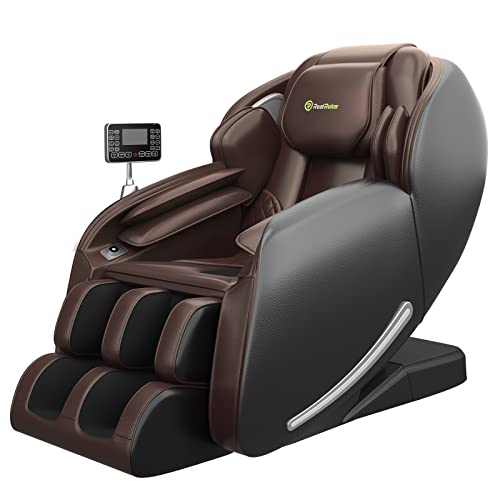 Real Relax Massagesessel, Ganzkörper-Null-Schwerkraft-SL-Track Shiatsu-Massage-Sessel mit Heizung Körperscan Bluetooth Fußroller, Favor-06 Braun
