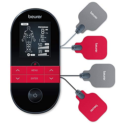 Beurer EM 59 Heat digitales TENS / EMS Gerät, 4-in-1 Reizstromgerät zur Schmerztherapie, Muskelstimulation, Massage und Wärmetherapie, inkl. 4 Elektroden und Akku, Schwarz/Rot