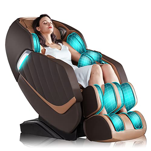 HealthRelife Massagesessel für den ganzen Körper Intelligenter Massagestuhl Zero Gravity 3D-Robotische Hände mit SL-Scheine Relaxsessel Bluetooth-Lautsprecher Braun