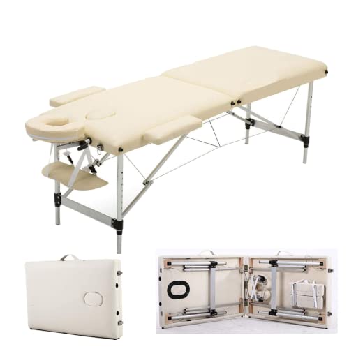 Mobile Massagebank Massageliege Massagetisch Klappbar Massagebett 2 Zonen höhenverstellbaren Aluminum-Füßen und Premium-PU-Leder Einfache Installation mit Tragetasche,Beige