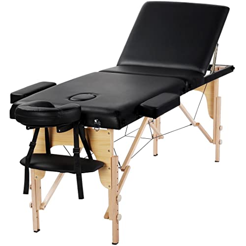 Yaheetech 3-Zonen Massageliege Tragbare Massagebank Höhenverstellbarer Massagetisch mit Kopfstütze und Abnehmbare Armlehnen für Physiotherapie, Schwarz