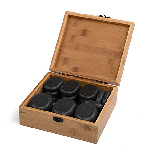 Hot Stone Massage Steine Set | 18 Steine | Heiße Massagesteine aus Basalt | Mit dekorativer Bambuskiste | Wellness Wärme-Behandlung | Massagetherapie