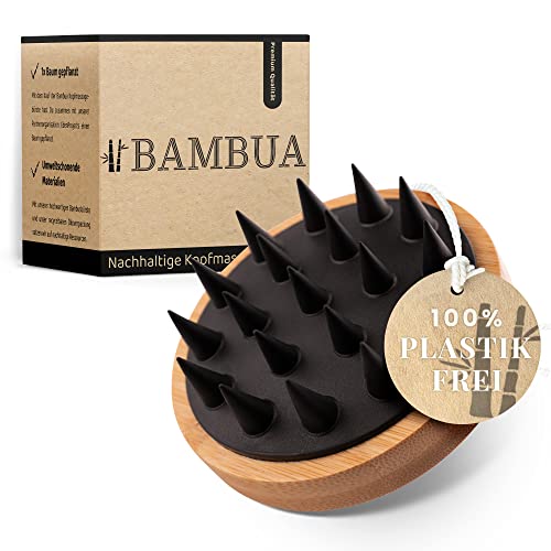 BAMBUA Kopfhaut Massagebürste - (100% Plastikfrei) Shampoo Bürste aus Bambus - Anti-Schuppen Effekt - Zur Kopfmassage beim Duschen - Premium Scalp Massager - inkl. E-Book „Gesunde Kopfhaut“ (Schwarz)