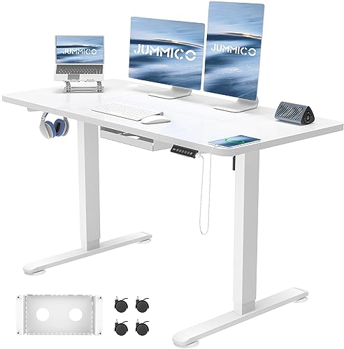 JUMMICO Höhenverstellbarer Schreibtisch 120x60 cm mit USB-Buchse und Kabelwanne, Elektrisch Verstellbarer Computertisch, Steh-Sitztisch Stehpult Stehschreibtisch(Weiß)