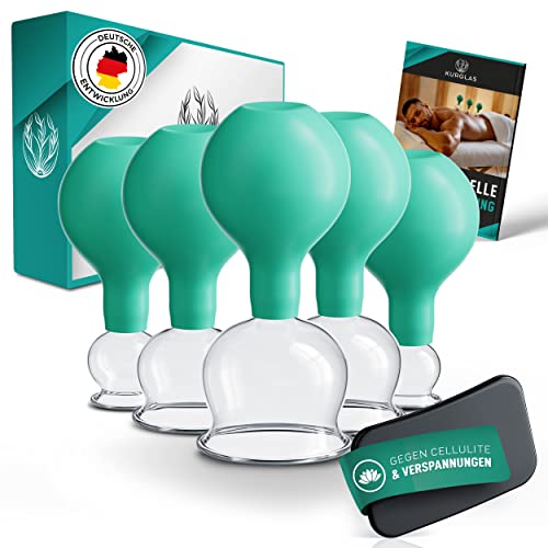 KURGLAS Schröpfgläser aus Echtglas [5 Stück] - Medizinische Schröpfgläser mit Saugball & Faszienschaber - Schröpfen mit starker Saugleistung - Schröpfset mit e-Book - Gegen Verspannungen & Cellulite