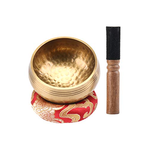 EKKONG Original Tibetische Klangschale, Handgefertigte Klangschale, Klangschalen Set mit Lederklöppel und Klangschalenkissen, Singing Bowl für Yoga, Gebete hersagen, Massage, Heilung, Behandlung, Deko