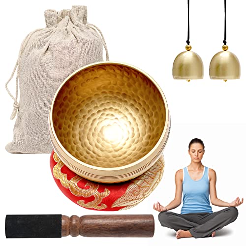 Tibetisches Klangschalen Set,Meditationsklangschale,Ø 8.6 cm Hand gehämmert Messing Klangschale Set mit Holz Klöppel,Klangschalenkissen und 2Pcs Messingglocke für Yoga Meditation und Entspannung