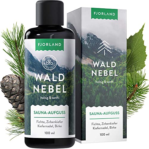 FJORLAND® Waldnebel Saunaaufguss BIO mit Fichte, Zirbe, Kiefernadel, Birke 100 ml - Natürlicher Wald Saunaduft mit ätherischen Ölen - Entspannende Sauna Aufgussmittel hochdosiert - Lange haltbar