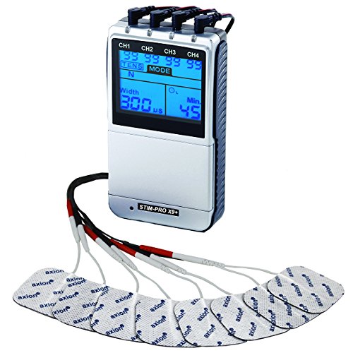 axion TENS-EMS 4 Kanal Kombigerät STIM-PRO X9+ & 8 STK 5x5 cm Elektroden-Pads | Schmerztherapie, Muskelaufbau & Massage für Bauch, Rücken, Nacken, Schulter usw. | Zertifiziertes Medizinprodukt
