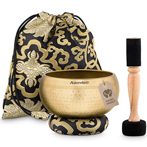 Tibetisches Klangschalen-Set für Yoga, Meditation und Entspannung - gehämmerte Tibetische Klangschale Ø 13,5 cm, Doppel-Schlägel mit Filz und Leder, Ring-Kissen, Beutel und Anleitung