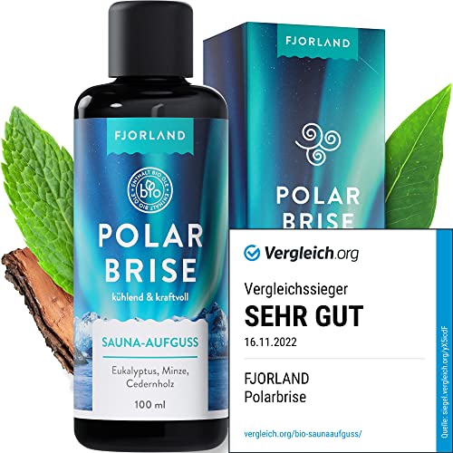 FJORLAND® Polarbrise Saunaaufguss BIO mit Eukalyptus, Minze, Cedernholz 100 ml - Natürlicher Saunaduft mit ätherischen Ölen - Sauna Aufgussmittel hochdosiert - Extra lange haltbar - Sauna Geschenke