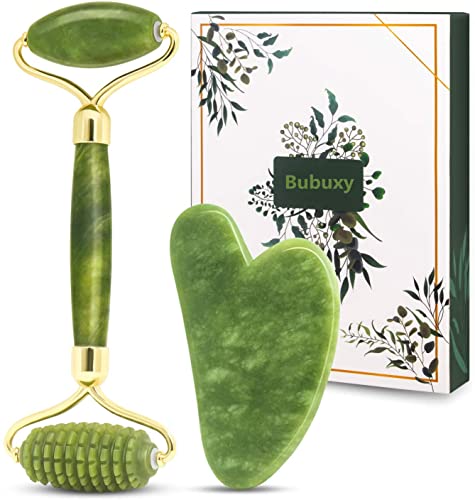Bubuxy Jade Roller Massage Set, natürlicher Anti-Aging-Gesichtsroller bei Augenschwellungen, zur Hautstraffung, Verjüngung von Gesicht und Hals, natürlich grünes Massagegerät