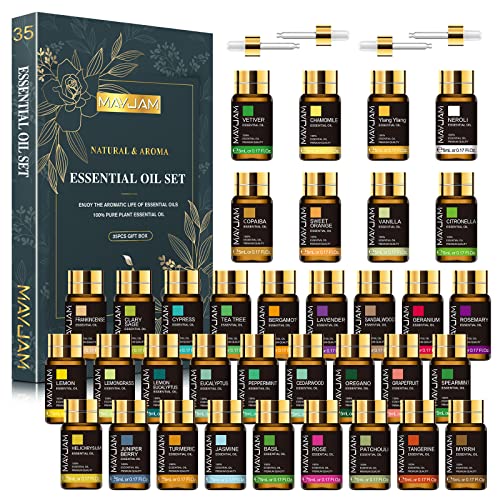 MAYJAM Ätherische Öle Set 35 x 5ml, Ätherische Öle für Diffuser Aromatherapie Duftöl Geschenkset, 100% Naturrein Reine Ätherisches Öl Lavendel, Citronella, Eukalyptus, Vanille, Rose