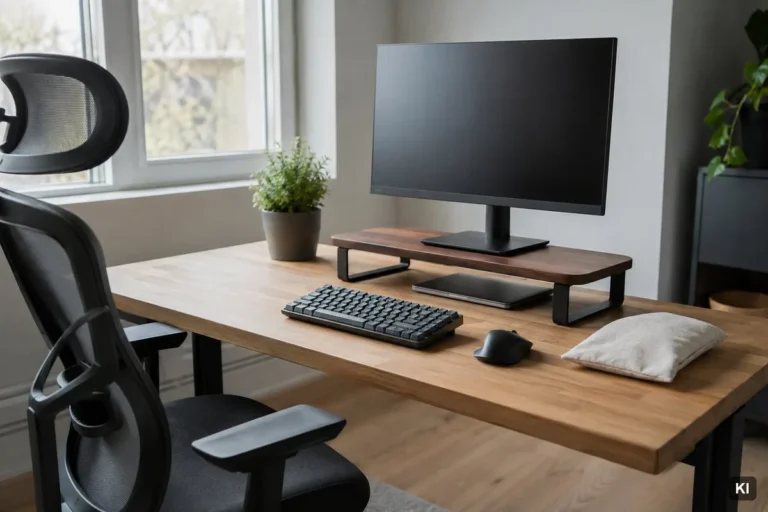 Ergonomischer Arbeitsplatz mit erhöhtem Monitor, externer Tastatur und Kirschkernkissen, um eine Nackenverspannung zu lösen